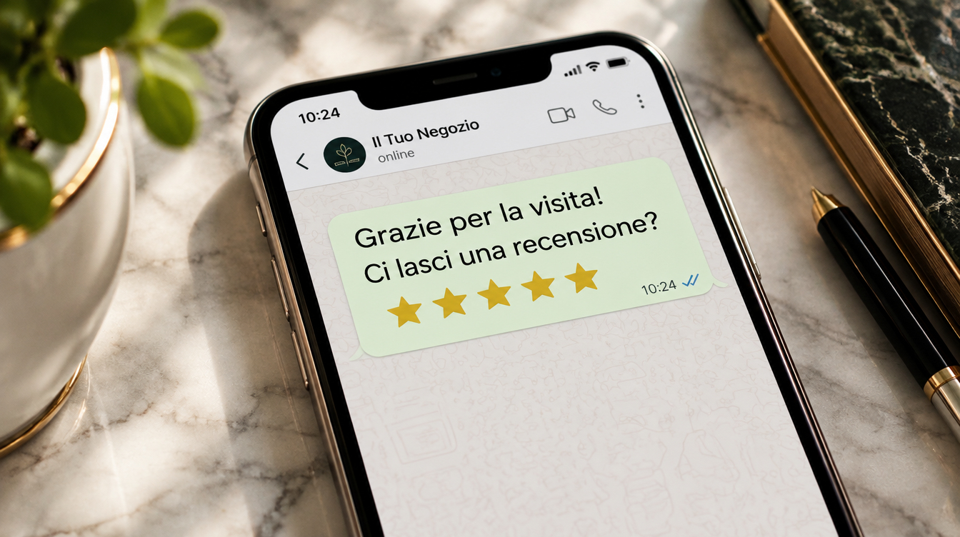 Esempio dimostrativo: messaggio WhatsApp automatico che chiede una recensione a 5 stelle dopo la visita