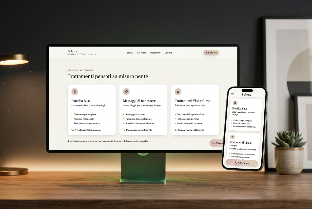 Sito web per centro estetico Bellezza a Pavia, mostrato su desktop e smartphone