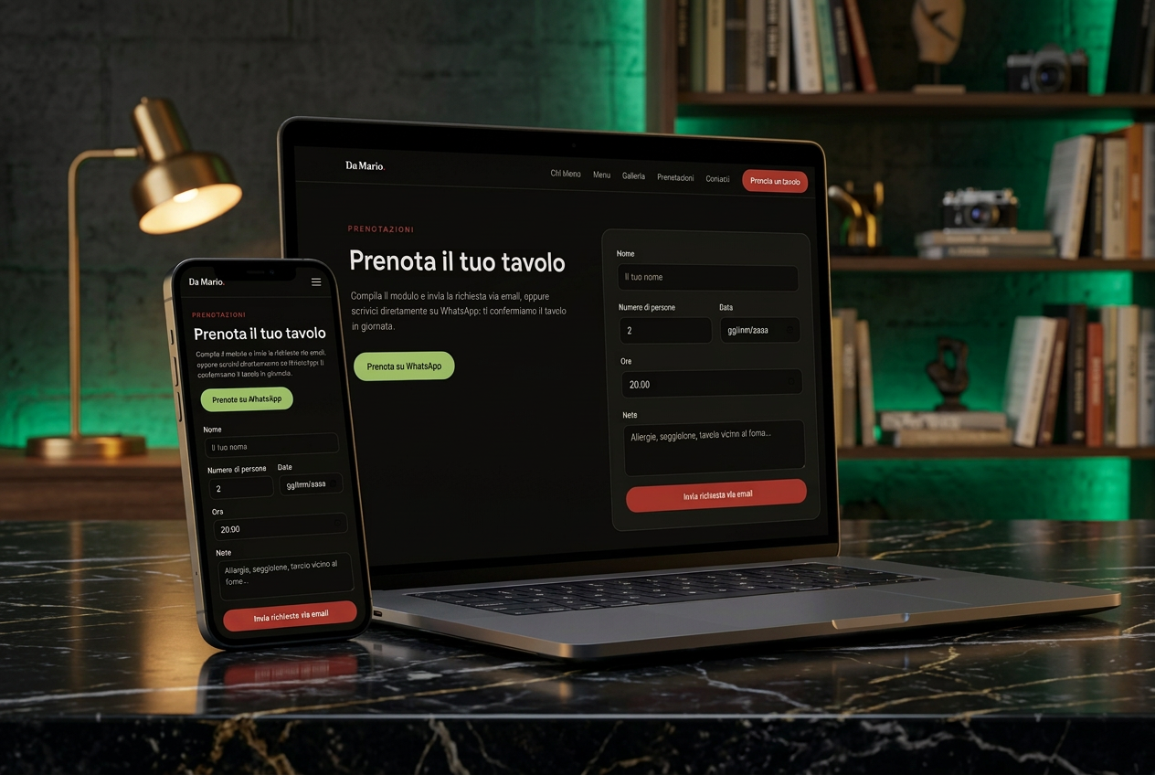 Sito web per ristorante Da Mario con prenotazione tavolo, mostrato su laptop e smartphone