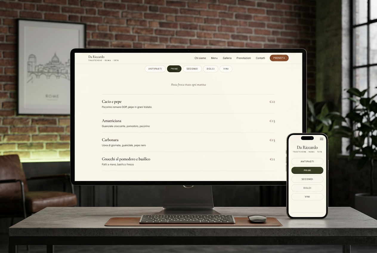 Sito web per ristorante Da Riccardo a Roma con il menù, mostrato su desktop e smartphone