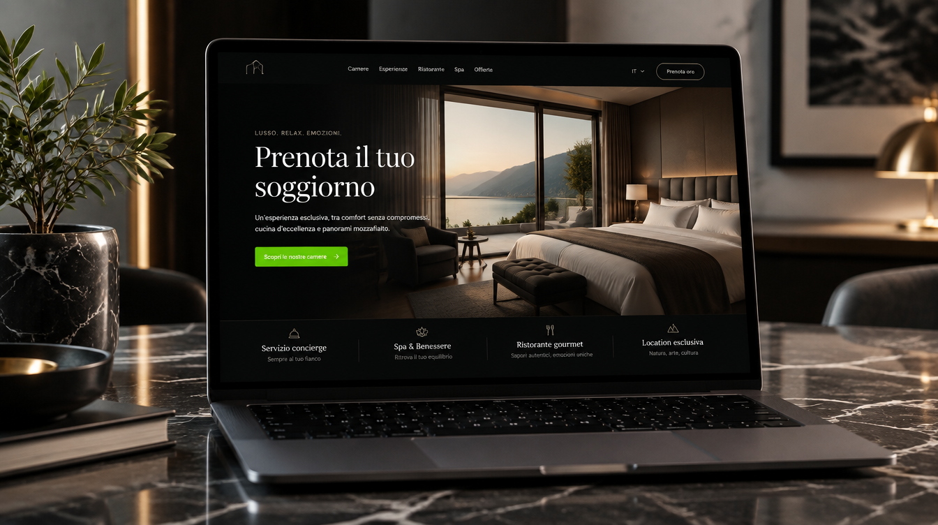 Sito web per un resort sul lago con prenotazione camere, mostrato su laptop con vista lago e montagne