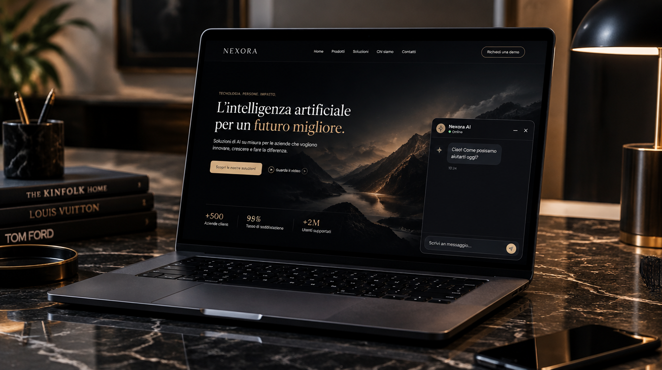 Esempio dimostrativo: widget di chat AI aperto sul sito, con un messaggio di benvenuto automatico